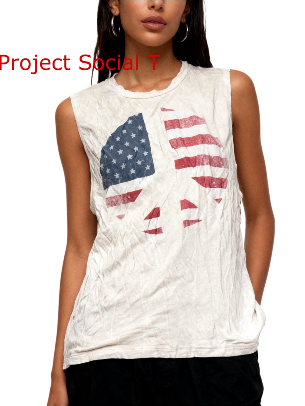 Project Social T White Tank with Red & Blue American Flag Skull Graphic